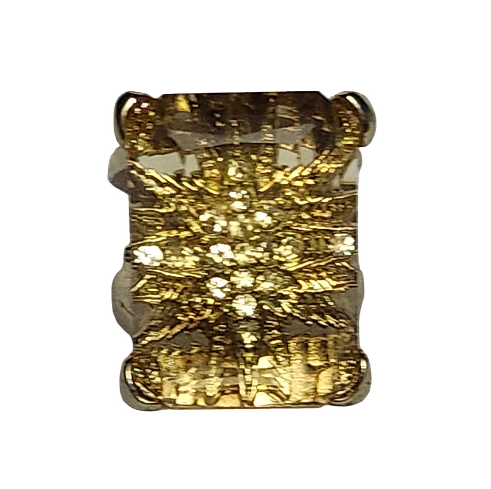 Vtg Gold Tone Yellow Citrine Glass Inclusion Rhinestone Sunburst Ring Size 7